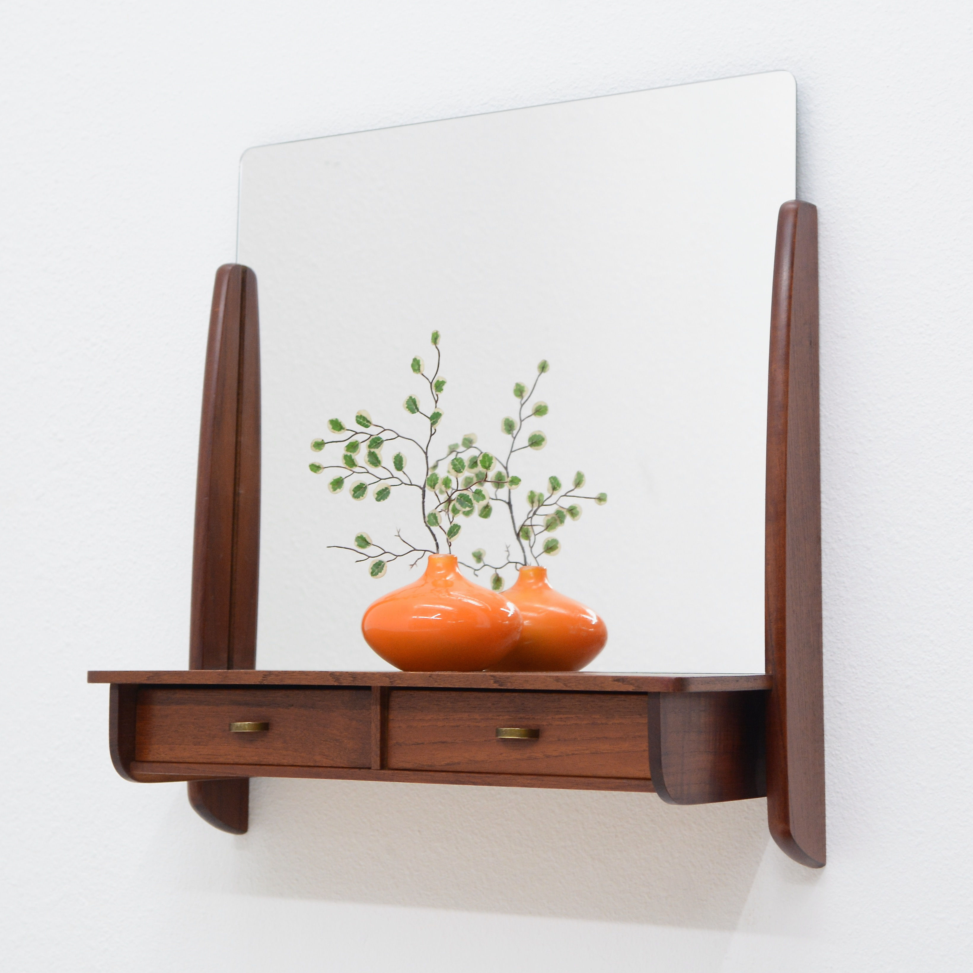 Teak Wall Mirror with Shelf & Drawer, Denmark, c. 1960s