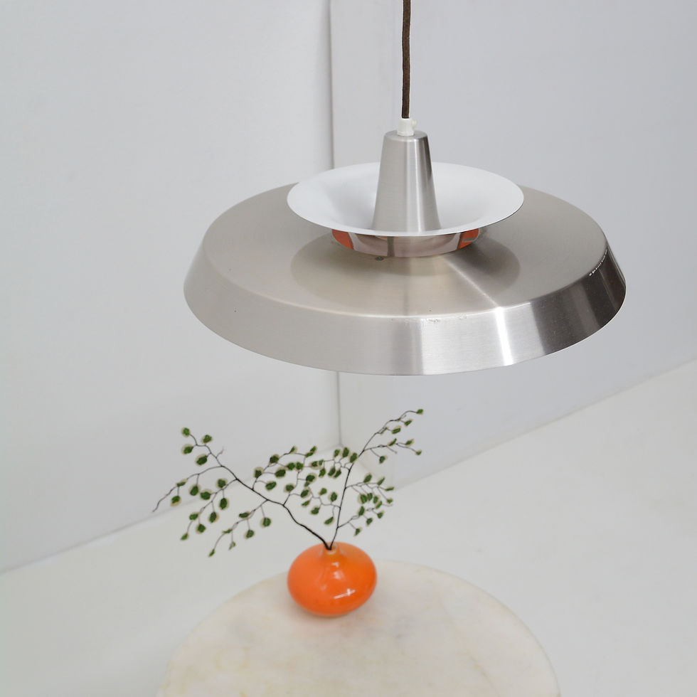 Thumbnail: ON HOLD - Aluminum and Orange Pendant Lamp - Super Light, Denmark, c. late 1960s