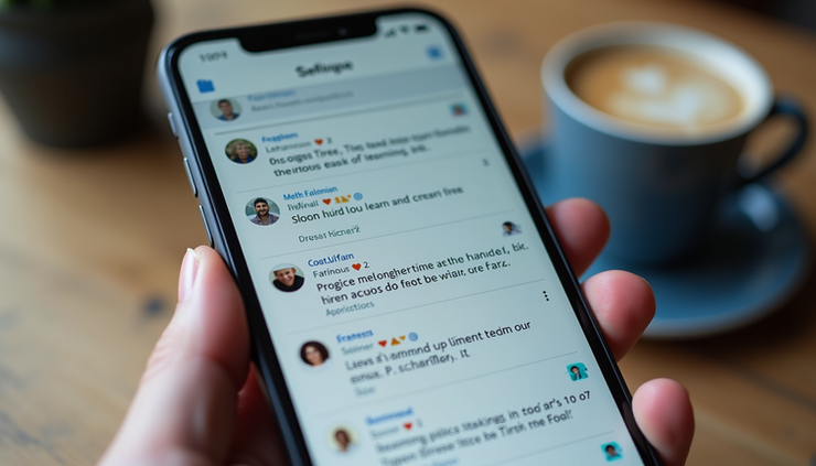 High angle view of a smartphone showing a LinkedIn feed with posts about learning and projects