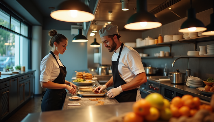 Eye-level view of a restaurant kitchen with a chef cooking and a server taking orders