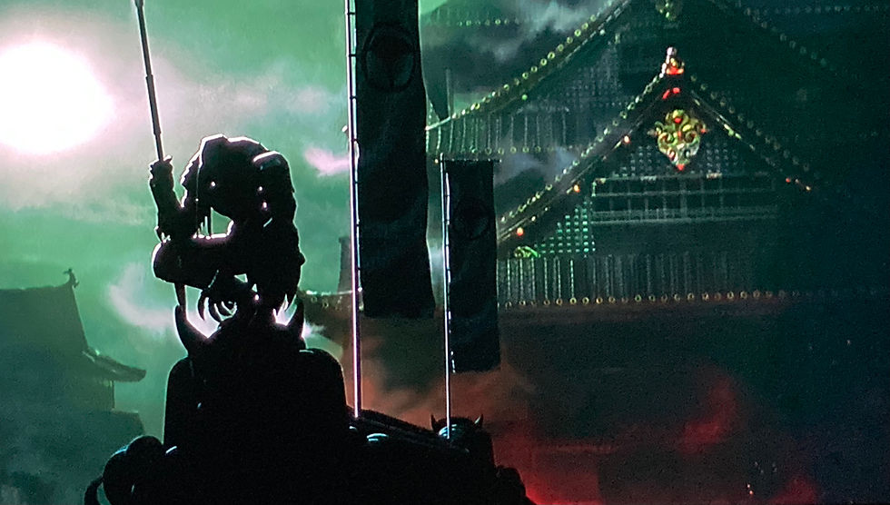 A Predator with a spear sits on top of a temple with flags and a pagoda castle behind him.