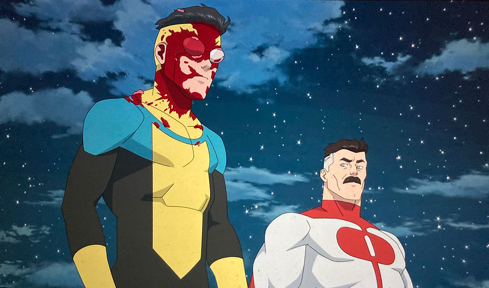 A bloody Invincible is next to Omni Man