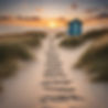 footprints leading to a beach hut with a sunrise in the distance