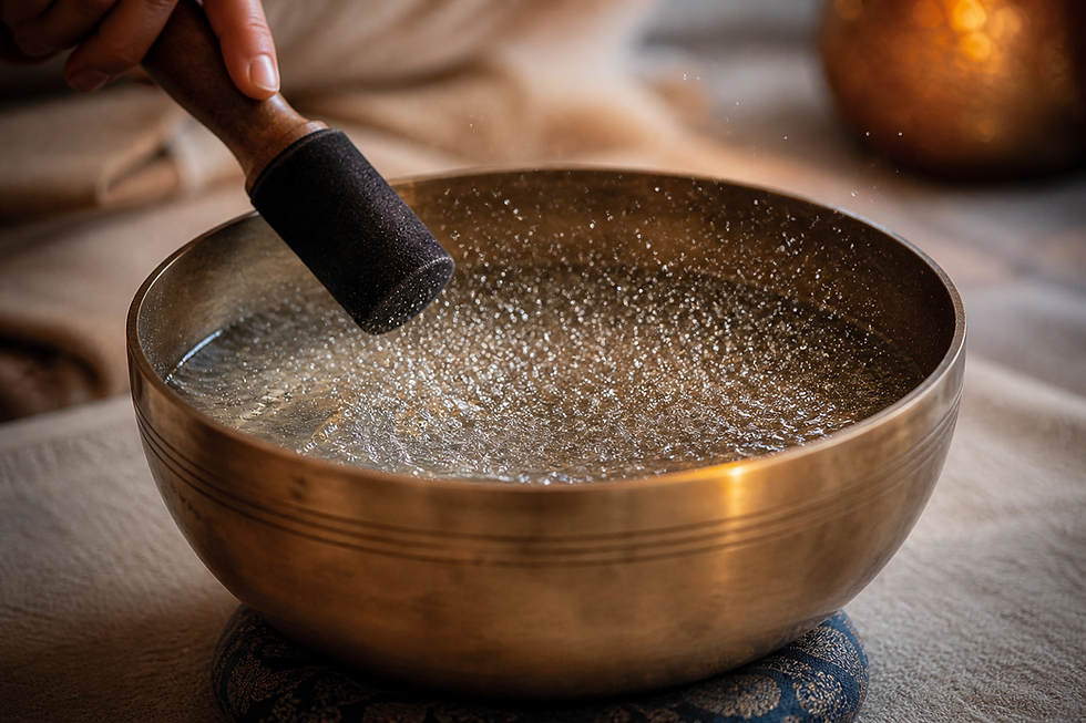 Séance de sonothérapie avec bols tibétains sur table de soin à Rocbaron