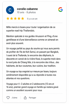 Avis voyageurs Thailande évasion Agence de voyage Thailande
