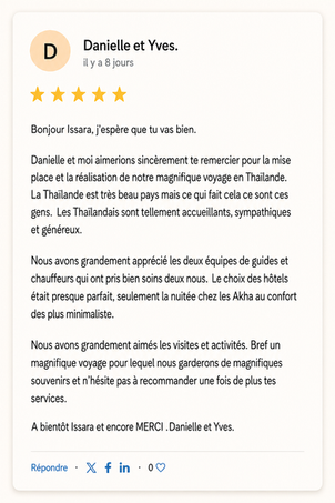 Avis voyageurs Thailande évasion Agence de voyage Thailande