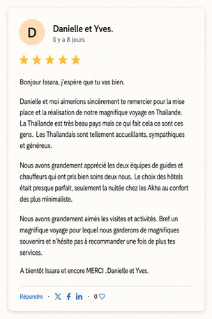 Avis voyageurs Thailande évasion Agence de voyage Thailande