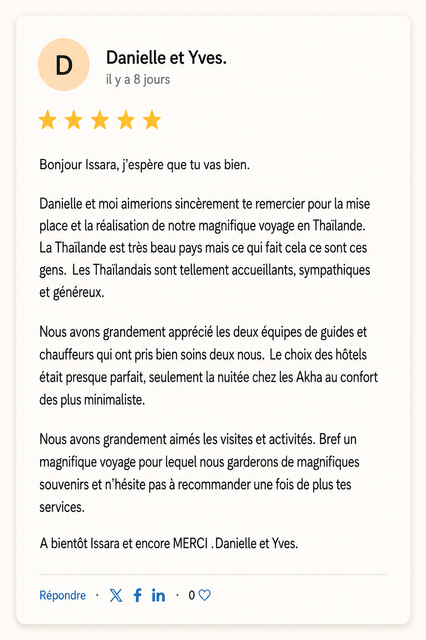 Avis voyageurs Thailande évasion Agence de voyage Thailande