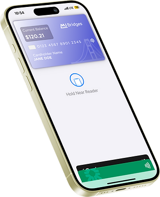 Shows a device in the wallet section of their phone, displaying a new MI Bridges card. This is a button to click onto the work.