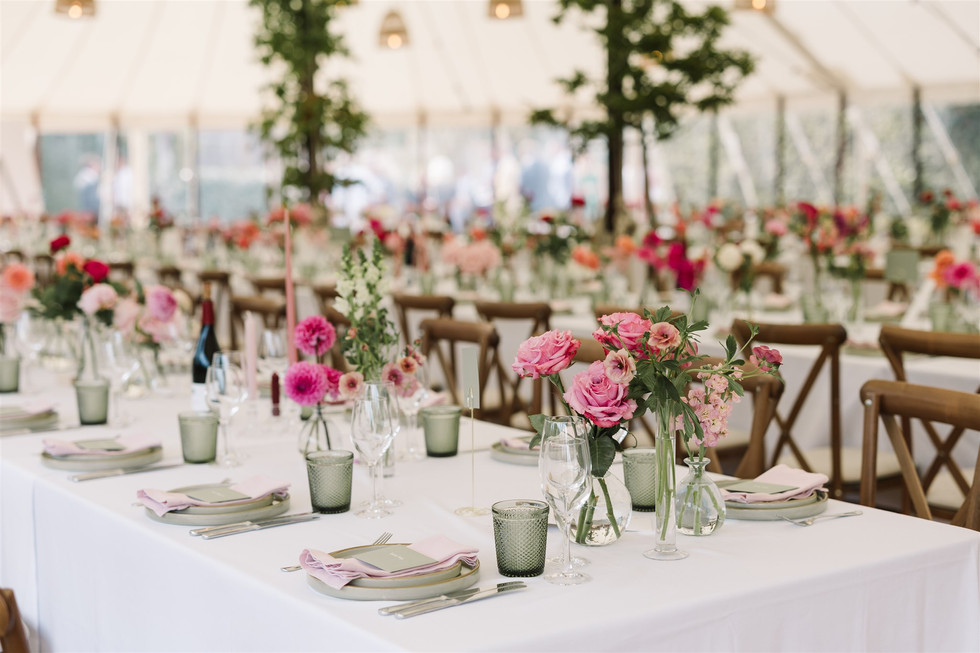 wedding marquee with pink flowers