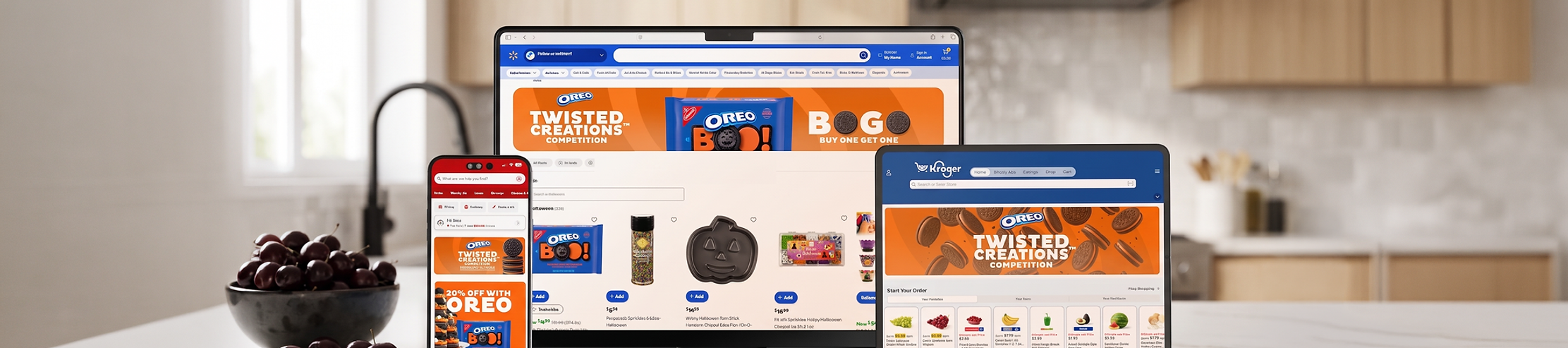 Oreo Twisted Creations retail media banners shown across Kroger desktop, tablet, and mobile in a kitchen setting