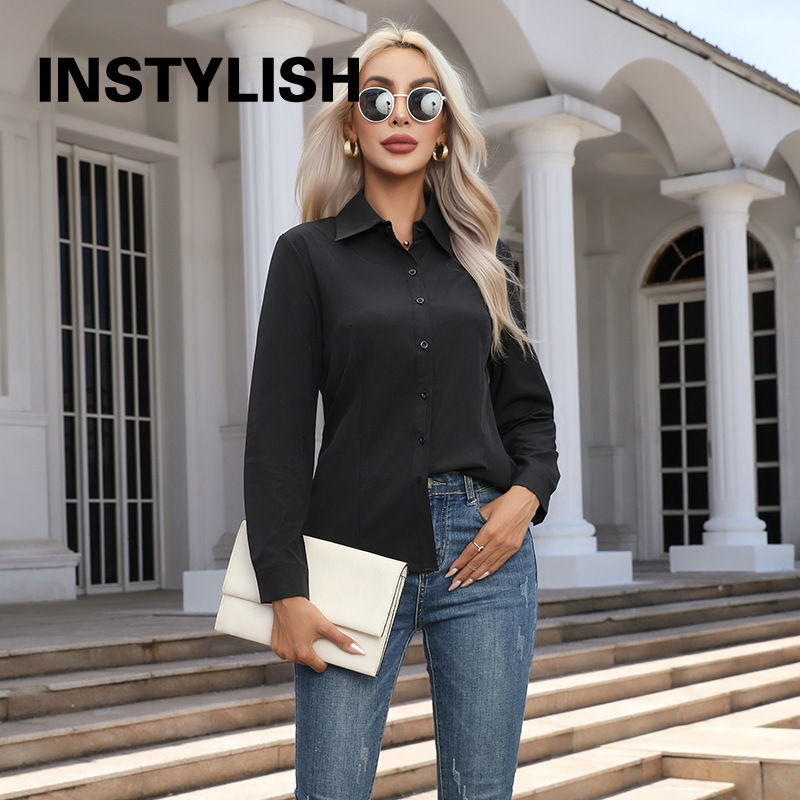 Thumbnail: Women Elegant Solid Button Shirt Chiffon Blouse Spring Summer Casual Solid Long 