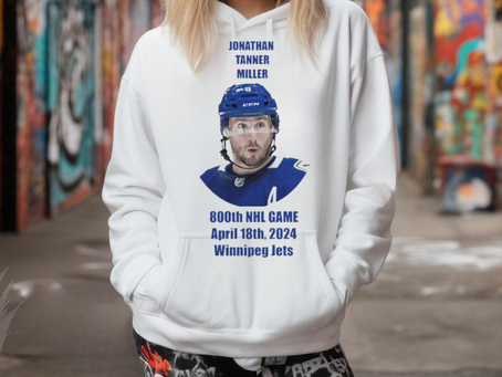 Jonathan Tanner Miller Vancouver Canucks hockey 800th NHL game april 18th 2024 Winnipeg Jets shirt