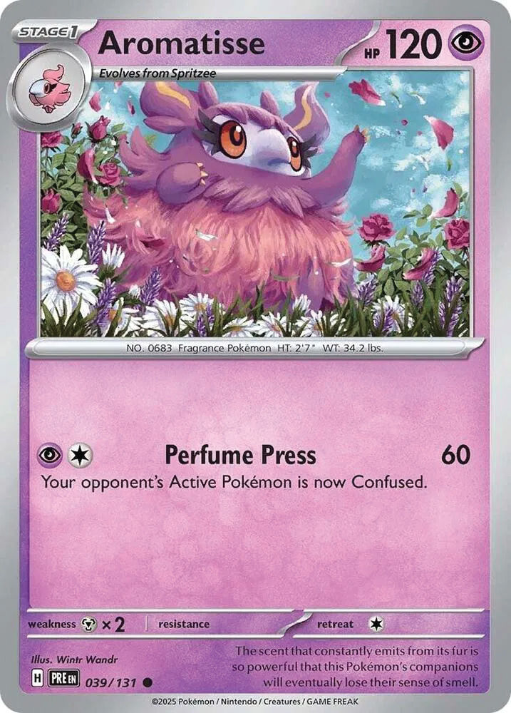 Haban Berry - 111/131 - Prismatic Evolutions Pokemon card:  Fluffy purple Pokemon using Perfume Press