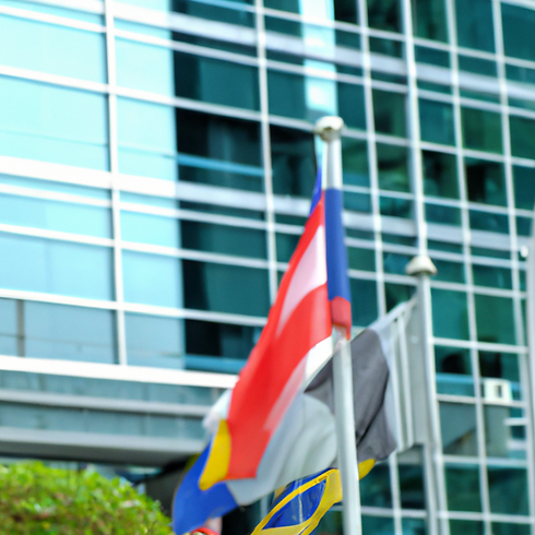 create an image with several flags on it in front of a modern building with glass that cou