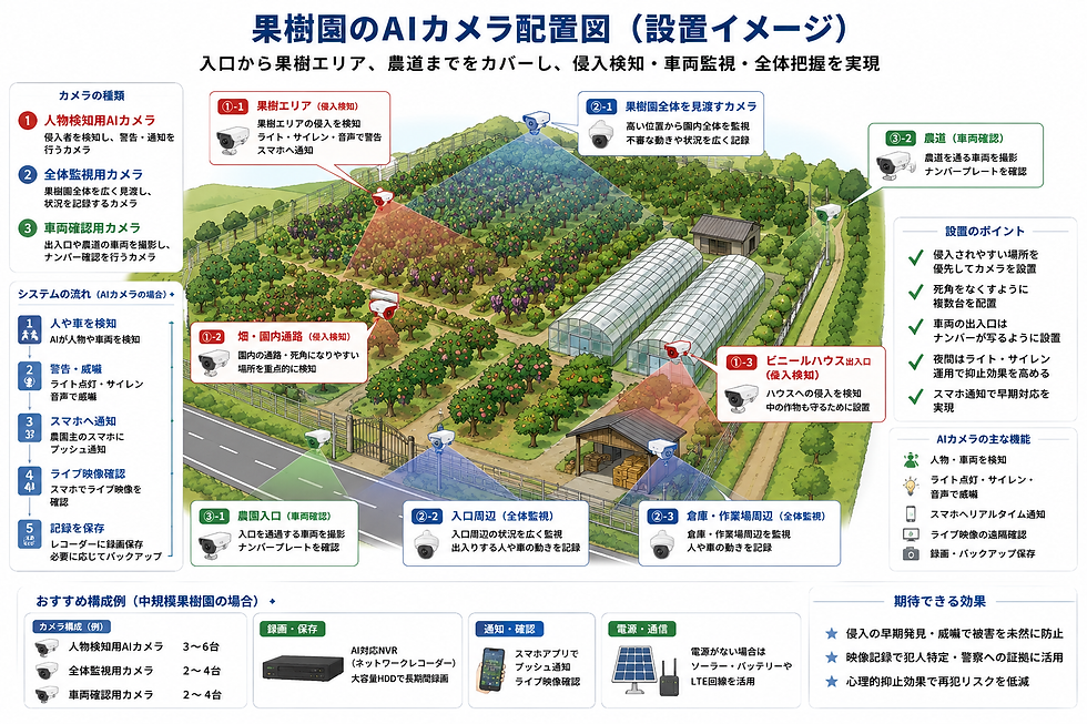 果樹園でのAIカメラ配置図