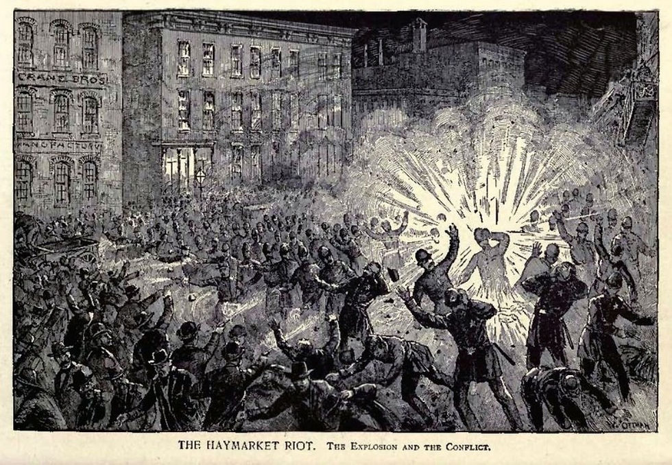 La rivolta di Haymarket a Chicago nel 1886 in un'incisione d'epoca