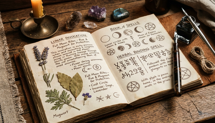 Close-up of an open spell journal with handwritten notes and pressed herbs.