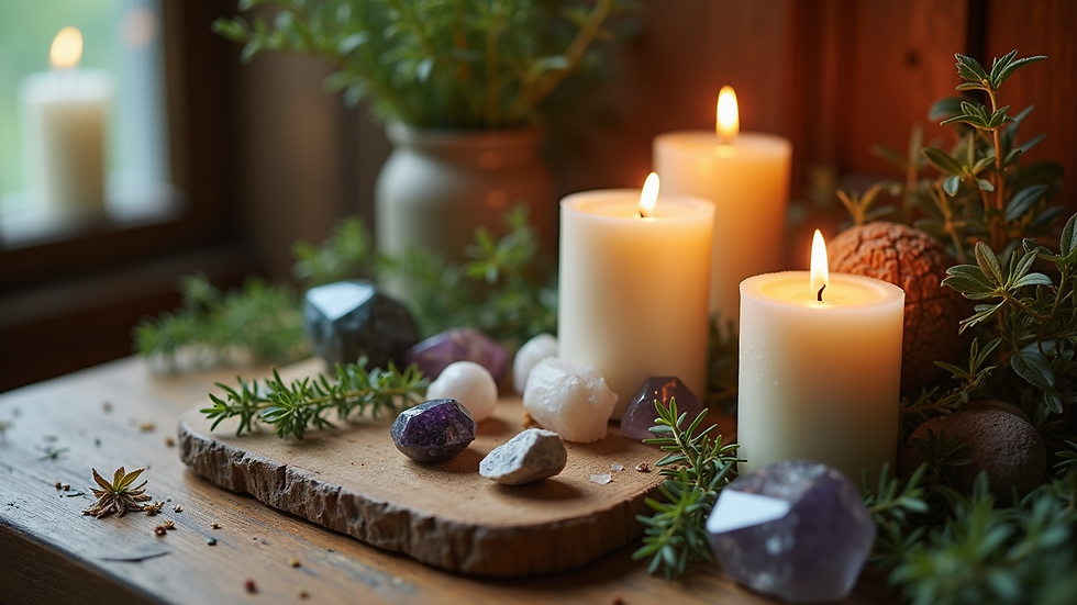 Eye-level view of a small altar with crystals, candles, and herbs