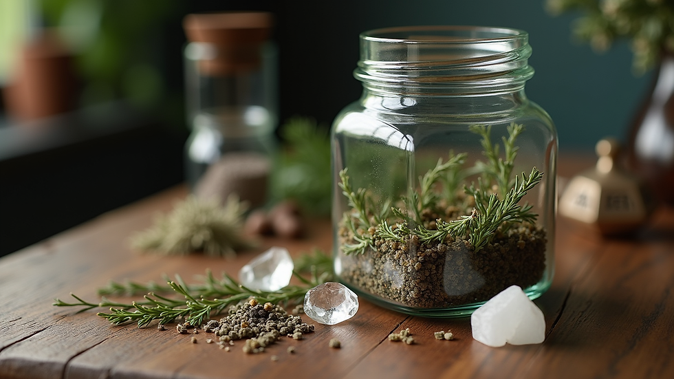 Close-up view of a spell jar with herbs and crystals on a wooden table