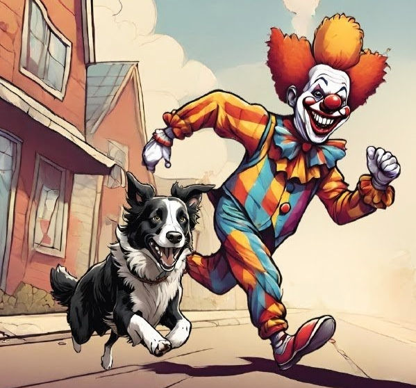 Clown mit Hund rennen