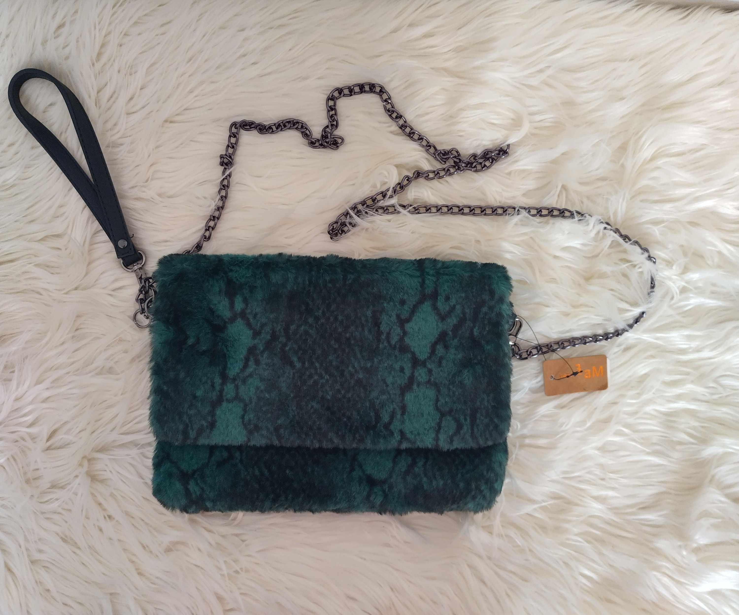 Faux Fur Snake Print Flap Clutch Shoulder Bag