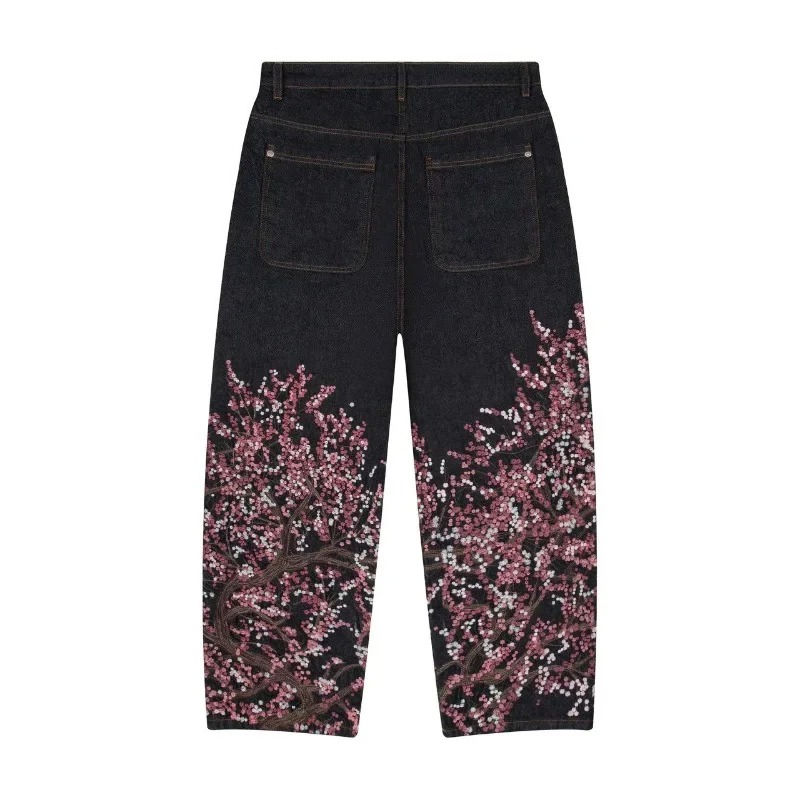 Miniatura: Y2K Harajuku jeans Goth vintage plum blossom embroidery pattern wide leg pants m
