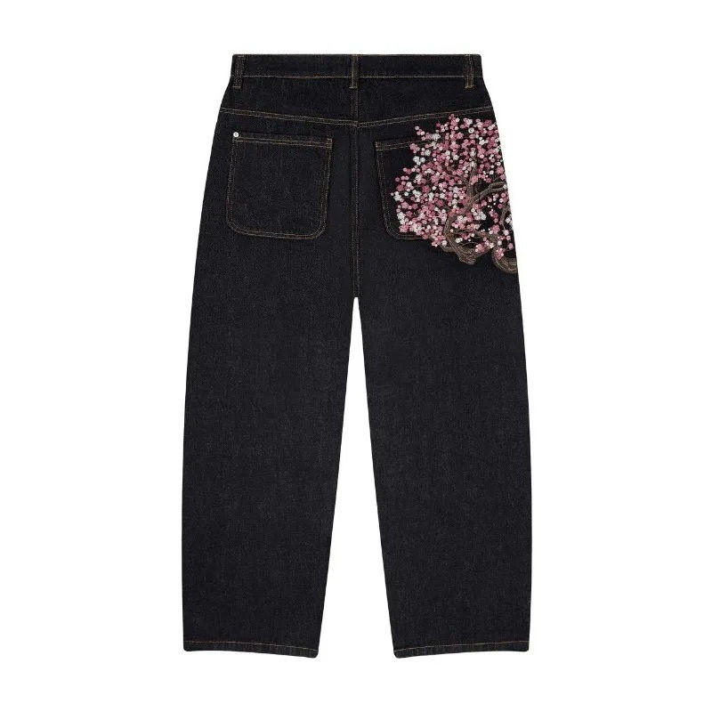 Miniatura: Y2K Harajuku jeans Goth vintage plum blossom embroidery pattern wide leg pants m
