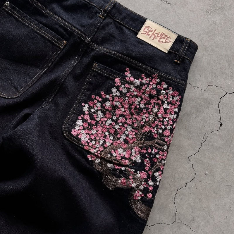 Miniatura: Y2K Harajuku jeans Goth vintage plum blossom embroidery pattern wide leg pants m