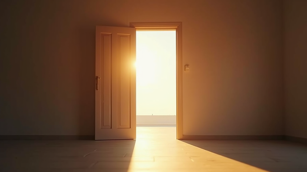 Eye-level view of an open door with sunlight streaming in
