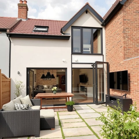 Modern home extension with open doors, patio, and garden view. commercial refurbishment london.