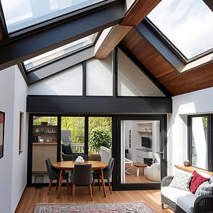 Modern home extension with skylights, wooden accents, and glass doors; LER Group