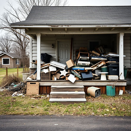 Cluttered porch with stacked appliances, boxes, and trash. Overcast day, suburban setting with bare trees and another house visible.