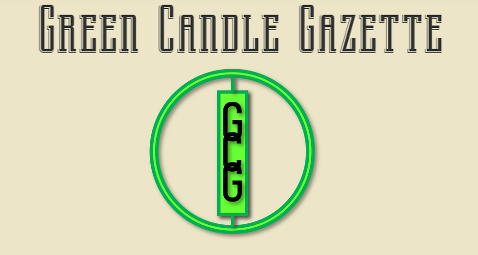 Text "Green Candle Gazette" above a green circle logo with "GCG" vertically. Cream background creates a vintage, formal mood.