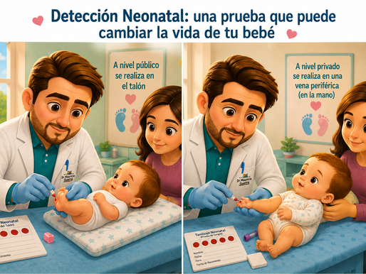 Dr. Mauricio Guerra realizando un tamizaje neonatal a un recién nacido mediante toma de muestra de sangre en consulta pediátrica en Quito, Ecuador.