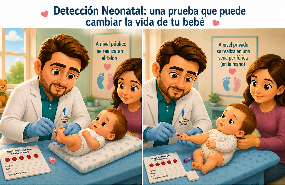Dr. Mauricio Guerra realizando un tamizaje neonatal a un recién nacido mediante toma de muestra de sangre en consulta pediátrica en Quito, Ecuador.