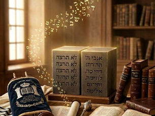 Imagen artística de un rollo de la Torá y las Tablas de los Diez Mandamientos iluminadas por letras hebreas flotantes, representando la entrega de la Torá en Shavuot y el vínculo eterno entre Dios, Israel y la humanidad.