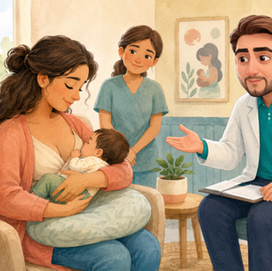 Ilustración del Dr. Mauricio Guerra, pediatra en Quito, acompañando a una madre durante la lactancia materna en el marco de la Semana Mundial de la Lactancia Materna.