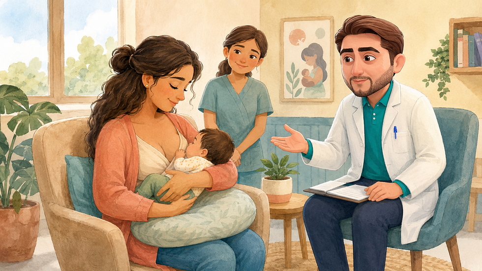 Ilustración del Dr. Mauricio Guerra, pediatra en Quito, acompañando a una madre durante la lactancia materna en el marco de la Semana Mundial de la Lactancia Materna.