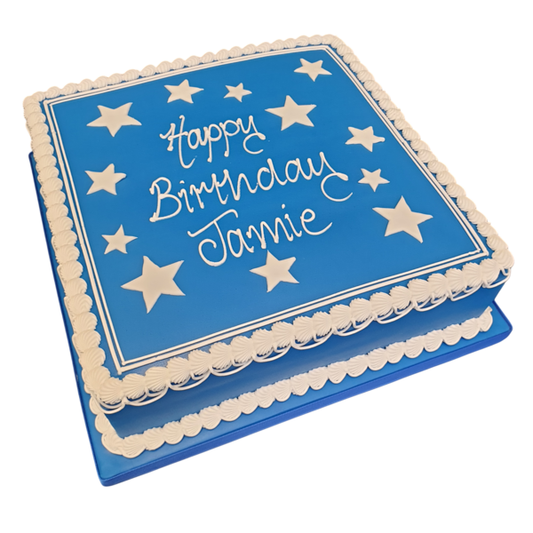 Bespoke 10 square cake decorated with silver stars for celebration in Solihull, West Midlands.