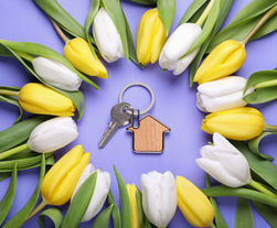 A set of new house keys surrounded by blooming tulips, symbolising planning and fresh beginnings for a successful spring move in 2026.