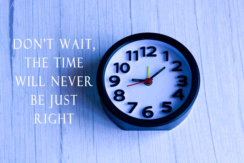 Clock with text 'Don't delay, the time will never be just right', emphasising urgency in securing remortgage rates amidst economic uncertainty.