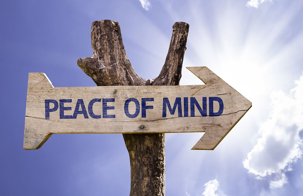 A wooden sign nailed to a tree with the words "Peace of Mind" and an arrow pointing forward, symbolising how taking out life insurance can provide peace of mind about your future and financial security.