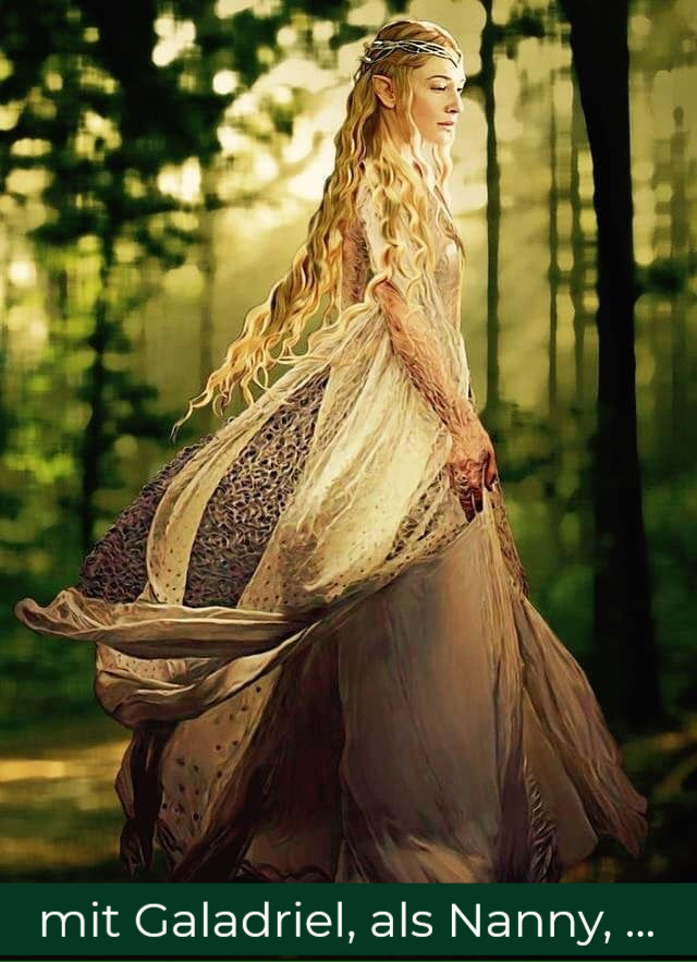 Galadriel in königlichem Gewand lÀuft aufrecht durch einen Wald