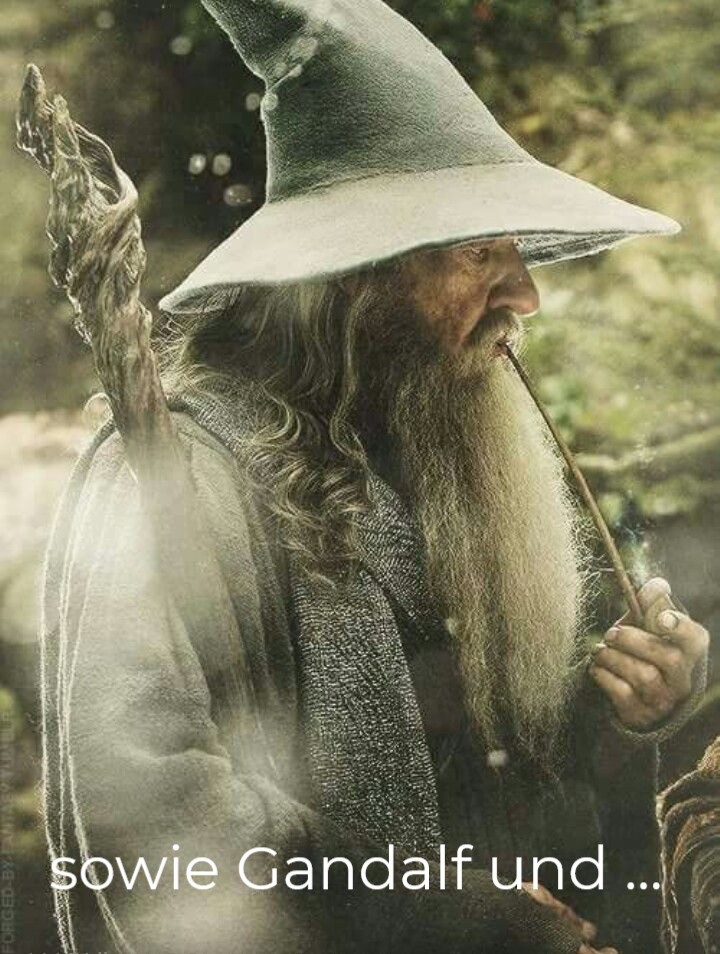 Gandalf der Zauber mit Spitzhut und Pfeife steht nachdenklich in der Natur mit sich selbst zu beraten. Er berĂ€t miich, wenn ich nicht merh weiter weiĂ.