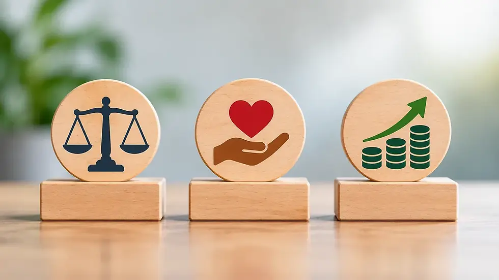Three wooden blocks show justice scales, a hand with a heart, and rising coins icons