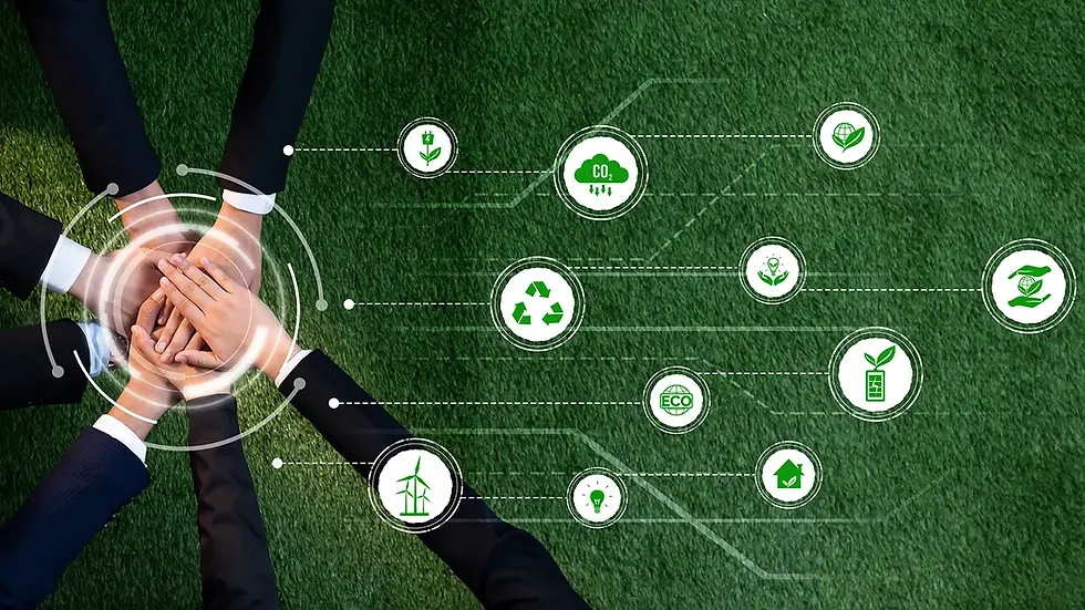 Business teamwork with environmental responsibility icons
