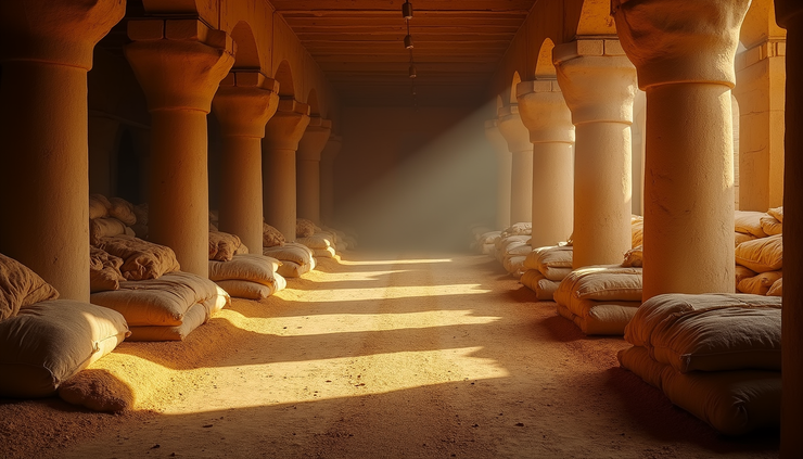 Eye-level view of a vast Egyptian granary filled with sacks of grain stacked high