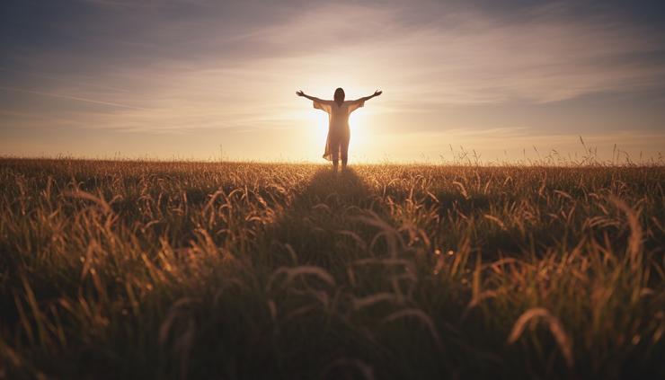 Low-angle view of a single person standing on a hill with arms open toward the morning sky.