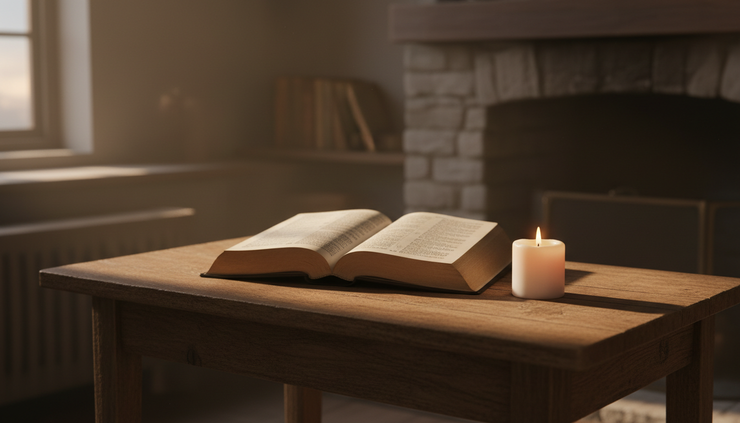 Close-up view of an open Bible beside a small candle in a quiet room.
